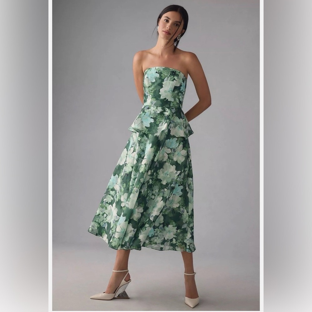 Shoshanna Green Floral Strapless Dress